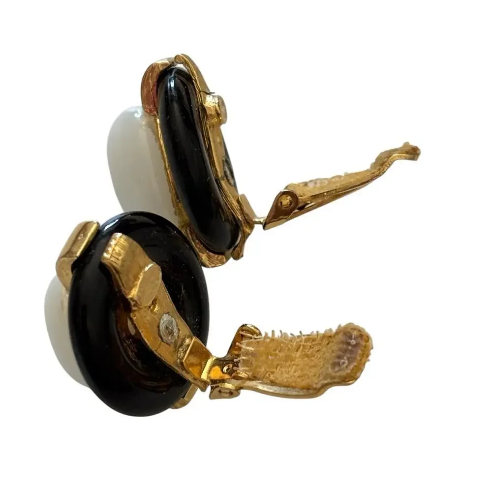 KENNETH J.L. Earrings, Gold tone, Black Enamel and White Faux Pearl, Clip on